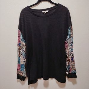 Umgee Black Long Sleeve Thermal Colorful Patchwork Sleeves Small